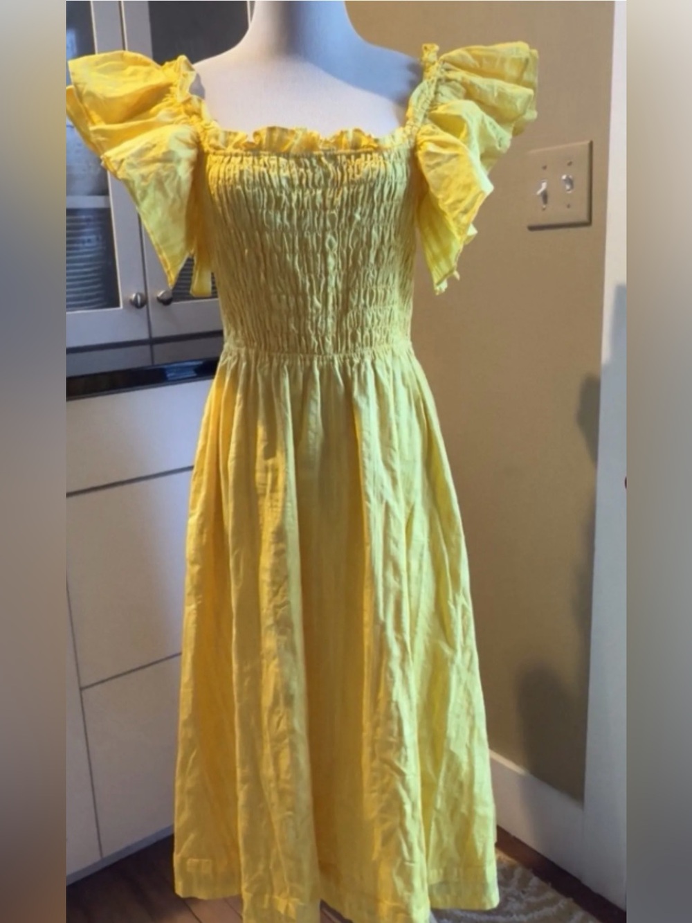 Banana Republic Yellow Smocked Dress with Ruffled Sleeves